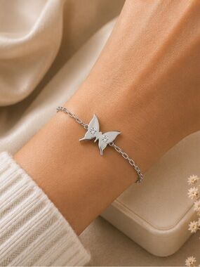 Sterling Silver Butterfly Bracelet S925 Adjustable w/ Lab Diamond Accent